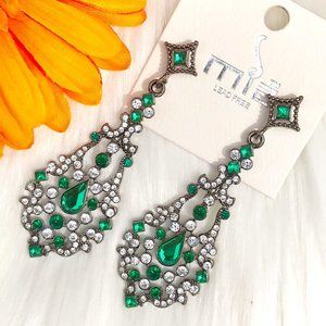 Long Post Drop Dangle Earrings Jeweled Green Rhinestone Runway Pageant Statement